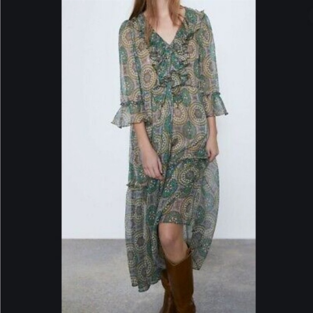 NWT ZARA LINED TRUFFLED PRINT DRESS-2672/210-multicolor-maxi